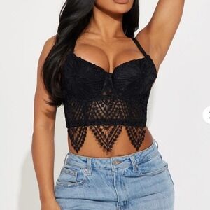 Lace Crop Top Bralette Black Floral Crochet Padded Festival Boho Coquette Club M